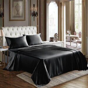 Satin Sheets King Size - 4 Piece Black Bed Sheet Set with Silky Microfiber
